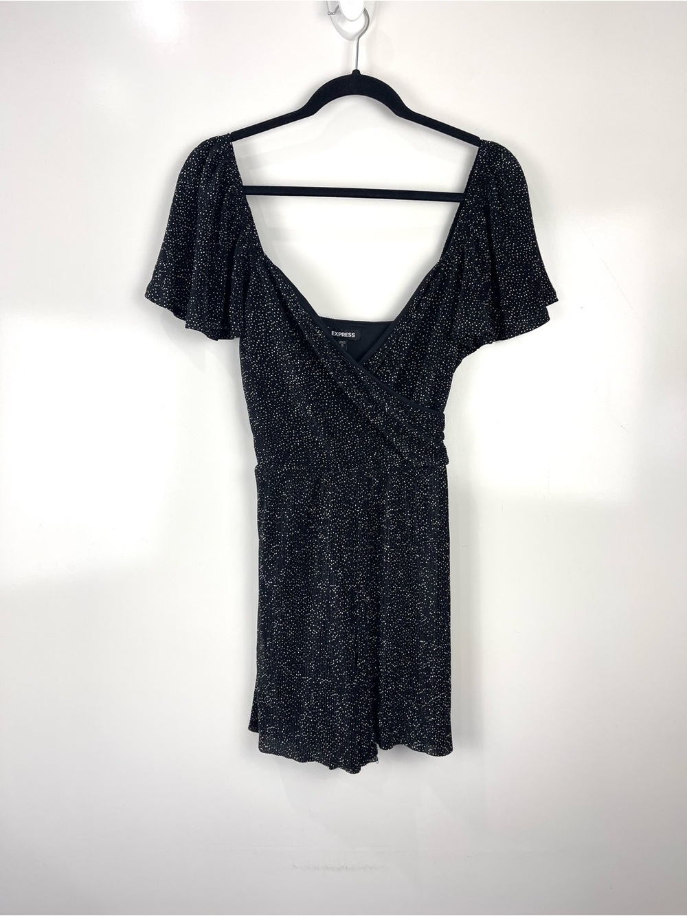Express Pleated Wrap Front Romper Women’s Size Medium Black White Polka Dot